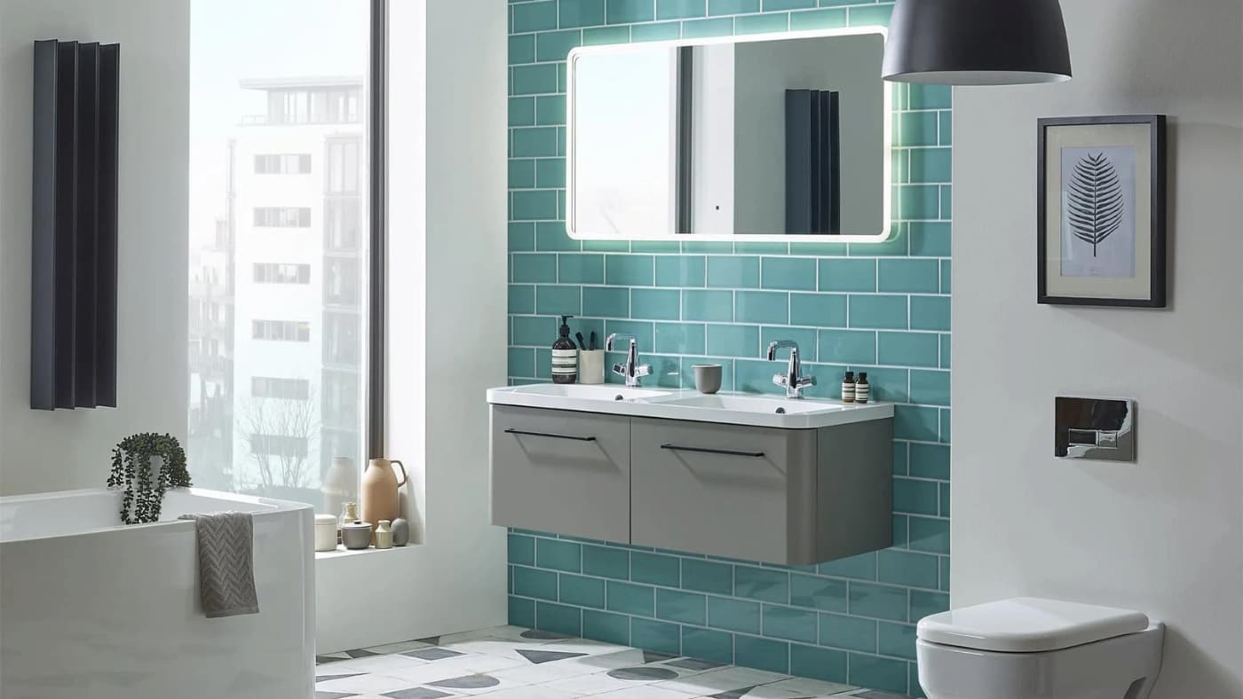 Electric heated towel rail on nordic bathroom wall